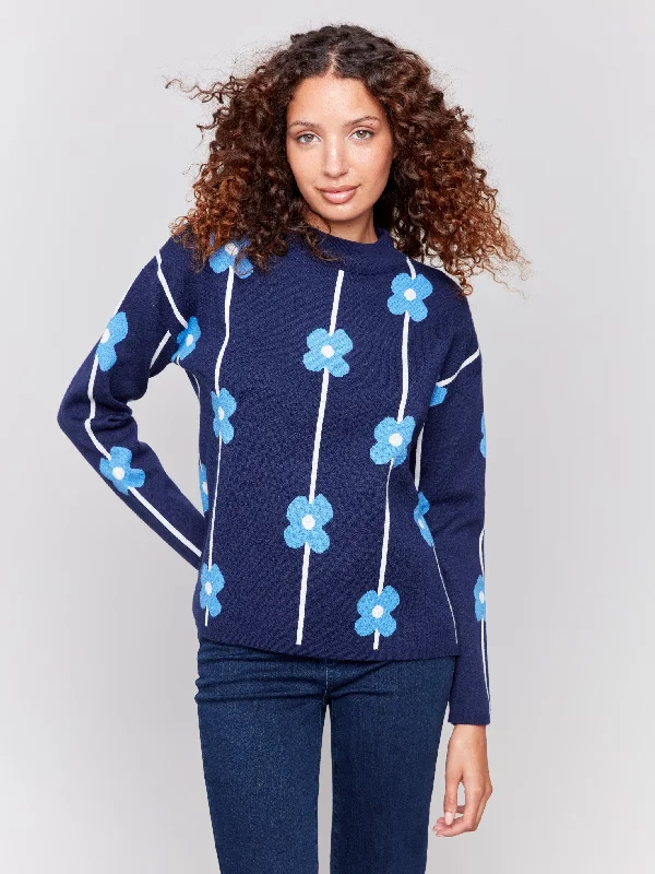 Belted – With a belt or sash for a defined waistPlush Floral Print Sweater - Navy