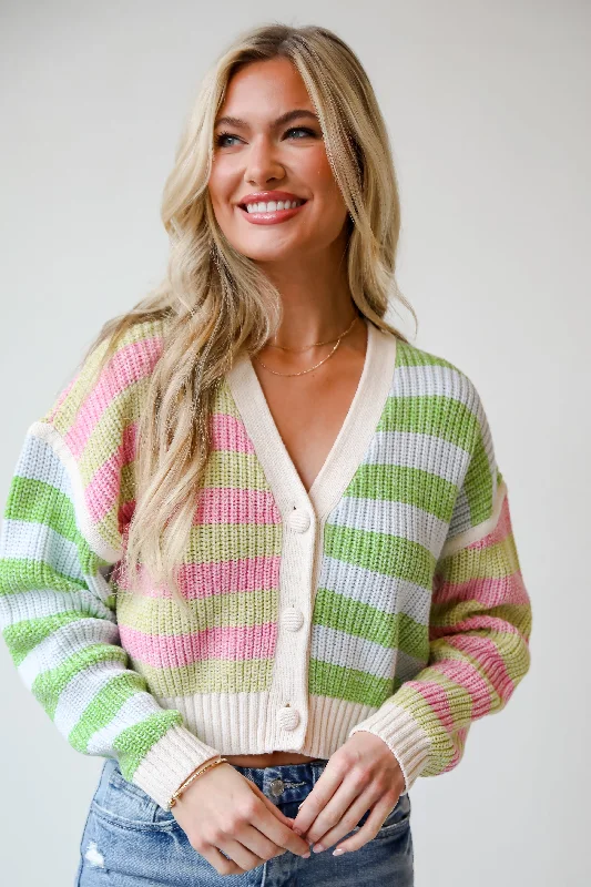 Cropped – Shortened length, above the waistFINAL SALE - Remarkably Cute Striped Color Block Knit Cardigan