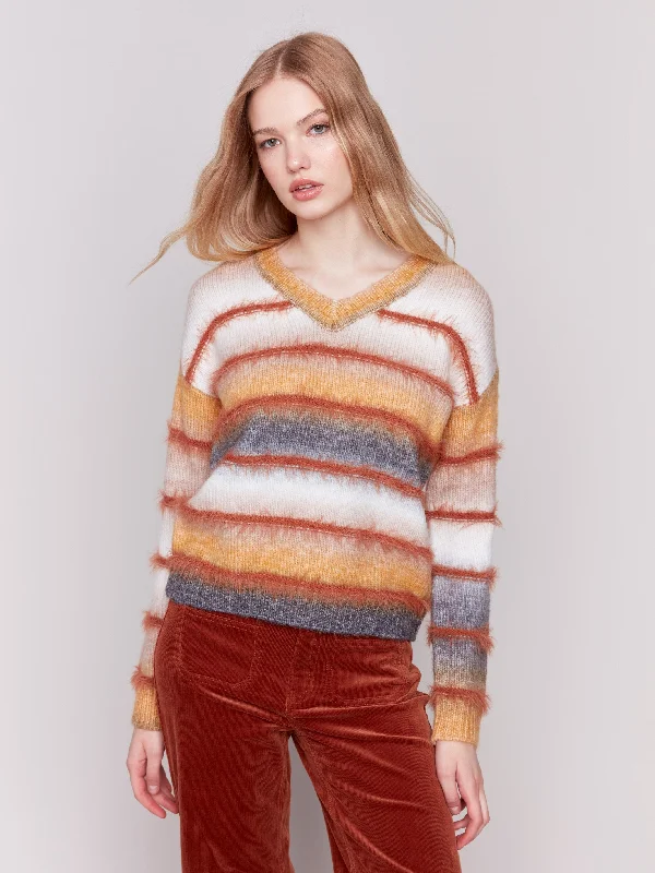 Merino wool – Soft, fine wool for warmth and breathabilitySpace Dye Sweater with Striped Eyelash Yarn - Amber