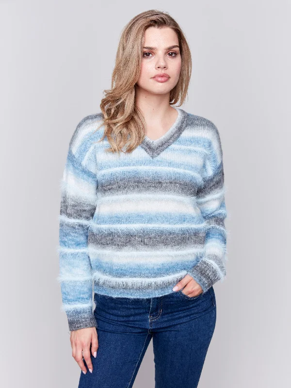 Belted – With a belt or sash for a defined waistSpace Dye Sweater with Striped Eyelash Yarn - Frost