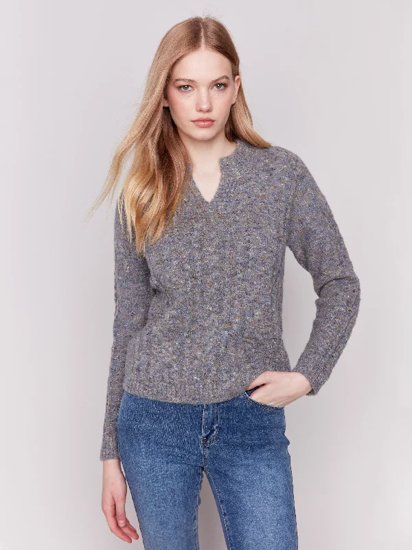 Pullover – Sweater without buttons or zippers, worn over the headSpeckled Yarn Cable Knit Sweater - Charcoal