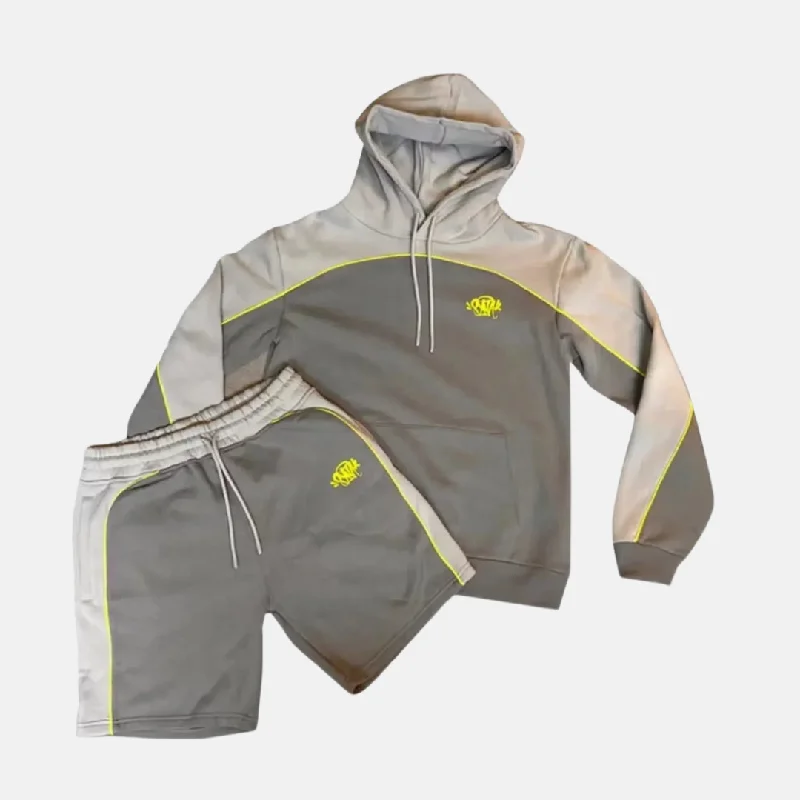 Plain/basic – Solid color, no graphics or designsSyna Logo Pipe Hoodie Shorts Set - Grey/Volt