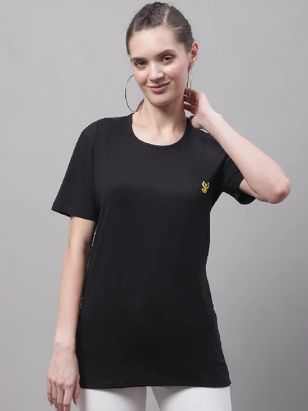 Fitted – Snug, form-fitting styleVimal Jonney Round Neck Cotton Solid Black T-Shirt for Women