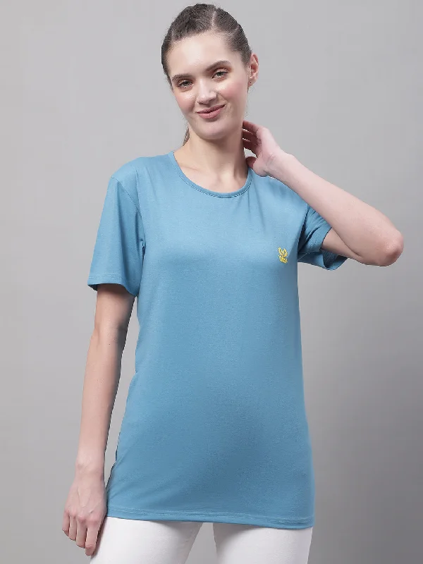 Crop – Shortened length, typically above the waistVimal Jonney Round Neck Cotton Solid Blue T-Shirt for Women