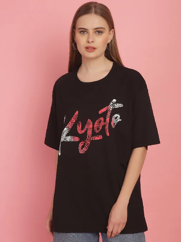 Boxy – Loose, straight cut with no shapingVimal Jonney Printed Black Round Neck Cotton Oversize Half sleeves Tshirt For Women