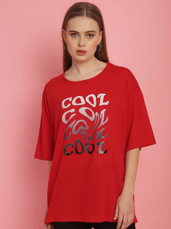 Asymmetrical – Uneven hem or design, adds a modern twistVimal Jonney Printed Red Round Neck Cotton Oversize Half sleeves Tshirt For Women