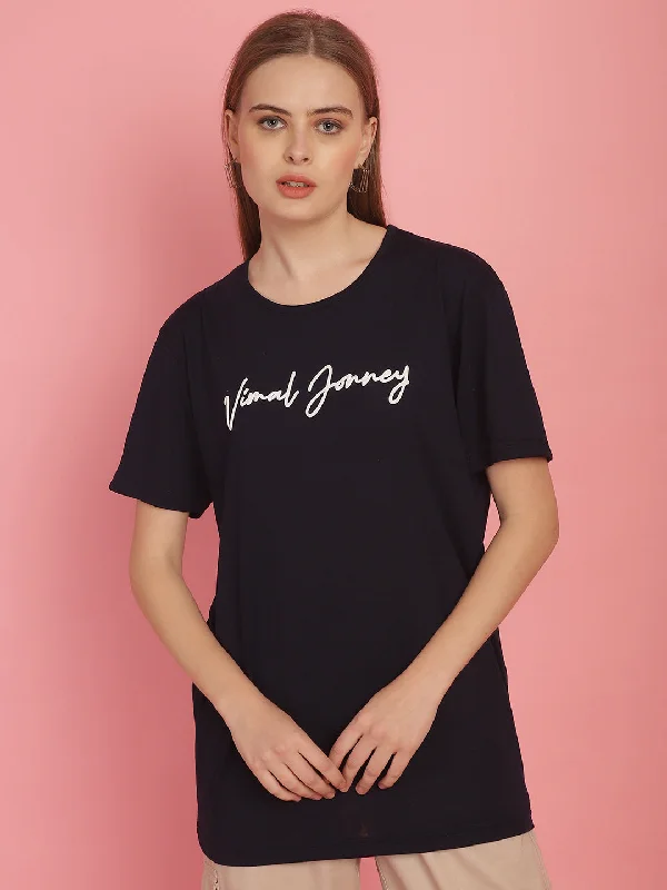 Oversized – Loose, relaxed fit, often with dropped shouldersVimal Jonney Navy Blue Logo Printed Round Neck Cotton Half sleeves Tshirt For Women