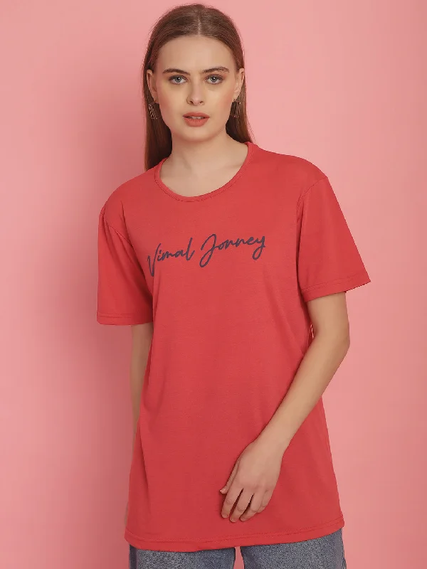 Long sleeve – Full-length sleeve, great for layeringVimal Jonney Pink Logo Printed Round Neck Cotton Half sleeves Tshirt For Women