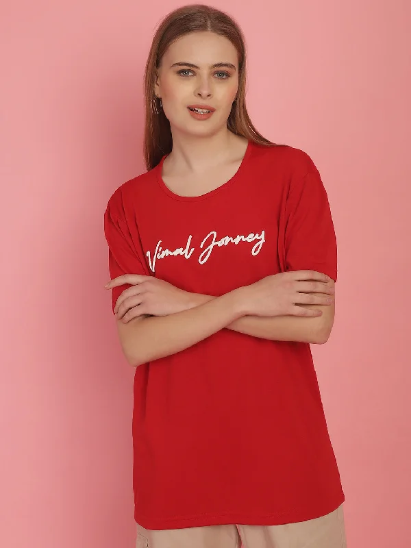 Raglan sleeve – Diagonal seam extending from the underarm to neckline, giving a sporty lookVimal Jonney Red Logo Printed Round Neck Cotton Half sleeves Tshirt For Women