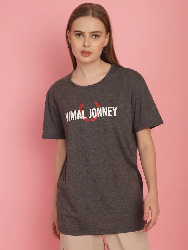 Oversized – Loose, relaxed fit, often with dropped shouldersVimal Jonney Grey Logo Printed Round Neck Cotton Half sleeves Tshirt For Women