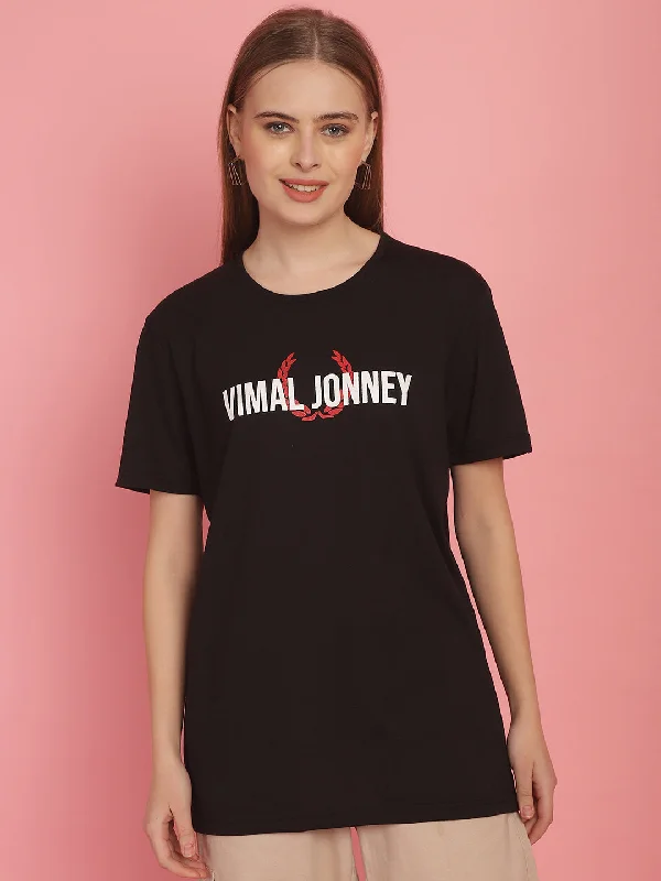 V-neck – V-shaped neckline for a more flattering lookVimal Jonney Black Logo Printed Round Neck Cotton Half sleeves Tshirt For Women