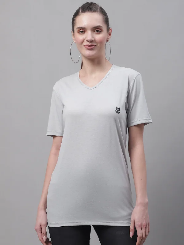 Ruffled – T-shirt with frills or ruffles at the sleeves or hemVimal Jonney V Neck Cotton Solid Light Grey T-Shirt for Women