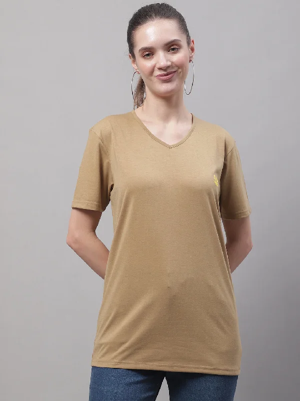 Knit – Soft and stretchy fabric with a knitted textureVimal Jonney V Neck Cotton Solid Mud T-Shirt for Women