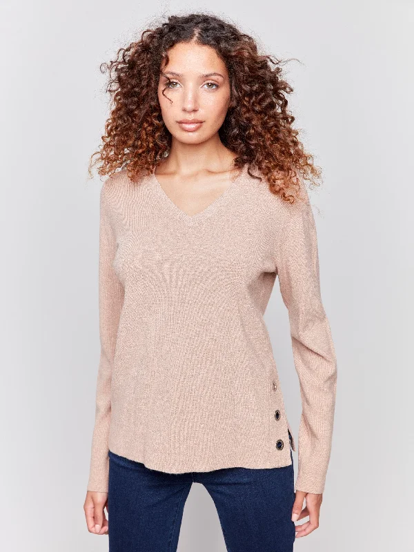 Turtleneck – High-neck style for added warmthV-Neck Sweater with Grommet Detail - Truffle