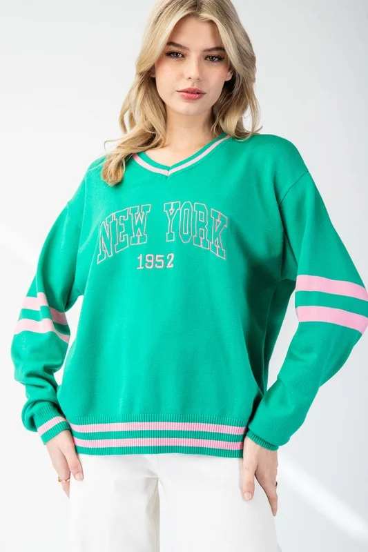 Fitted – Snug, form-fitting styleVarsity NY Sweater