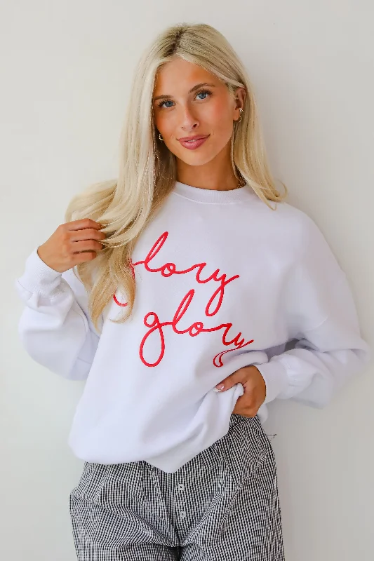 V-neck sweatshirt – Sweatshirt with a V-shaped neckline, less common than crew or hooded necksWhite Glory Glory Script Sweatshirt